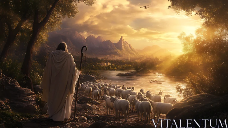 Shepherd guides white flock toward sunlit river valley