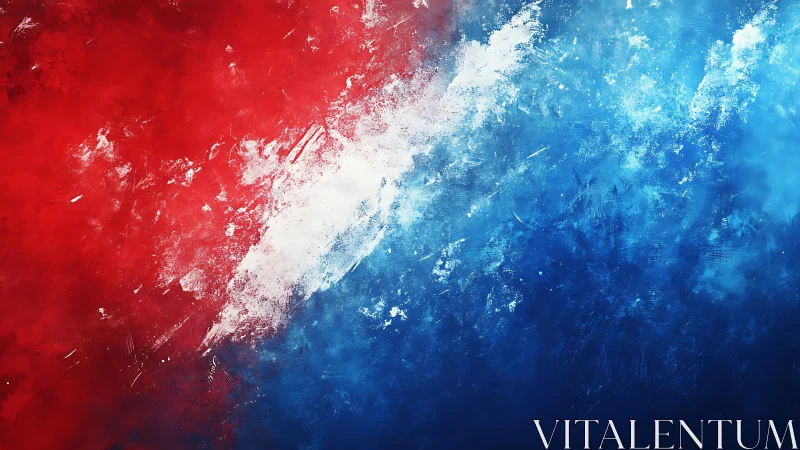 Abstract red, white, and blue textured painting with dynamic brushstrokes.