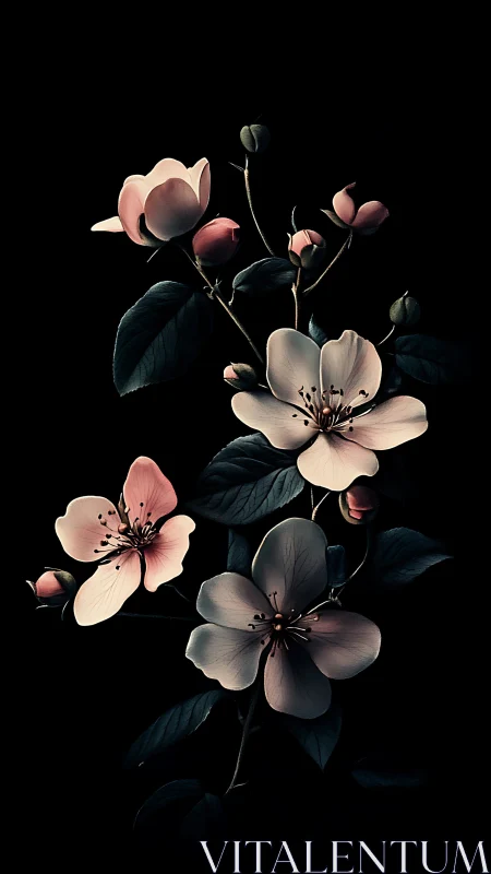 Botanical Study of Pink Flowers with Dark Foliage Against Black Background