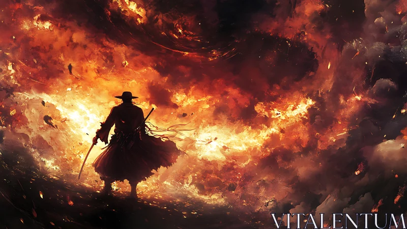 Silhouetted swordsman stands before large swirling firestorm