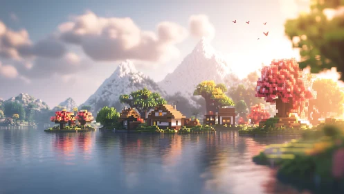 Pixel Art Fantasy Village by Mountain Lake.
