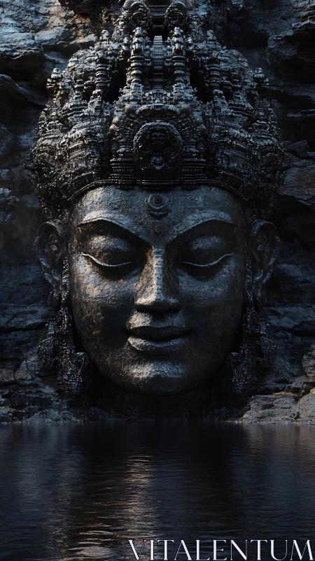 Stone-carved monumental head emerges from rock above water