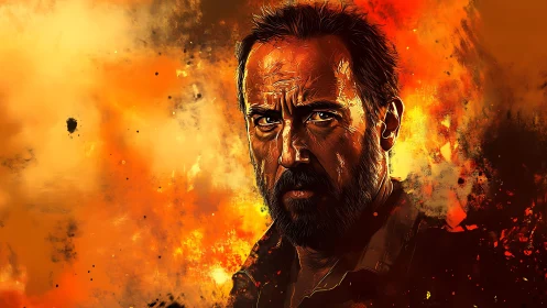 Storm-lit portrait of a brooding hero in molten orange fire.