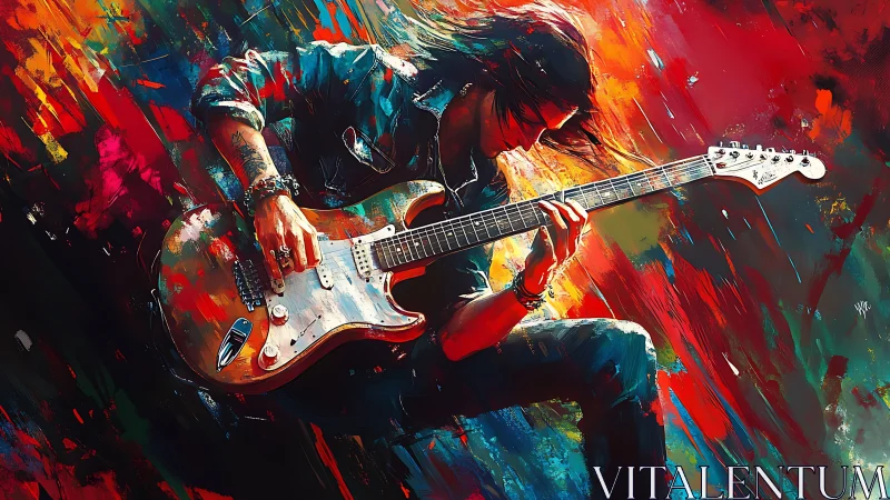 Electric guitarist rendered in saturated abstract color field