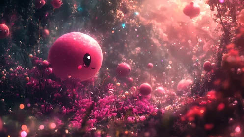 Spherical character forms occupy a luminous pink forest clearing