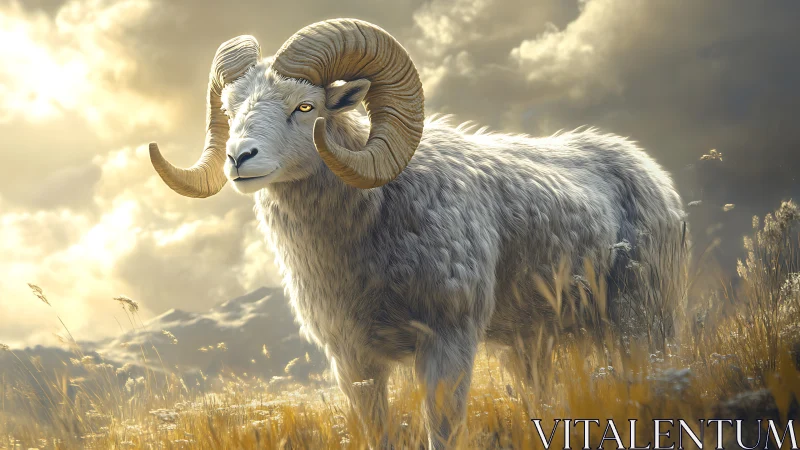 Majestic horned ram in golden mountain grassland light.