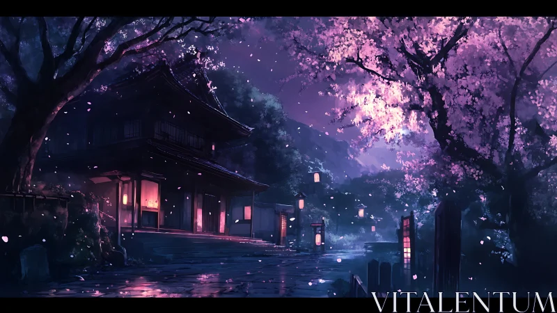 Moonlit shrine terrace glows beneath drifting cherry blossoms
