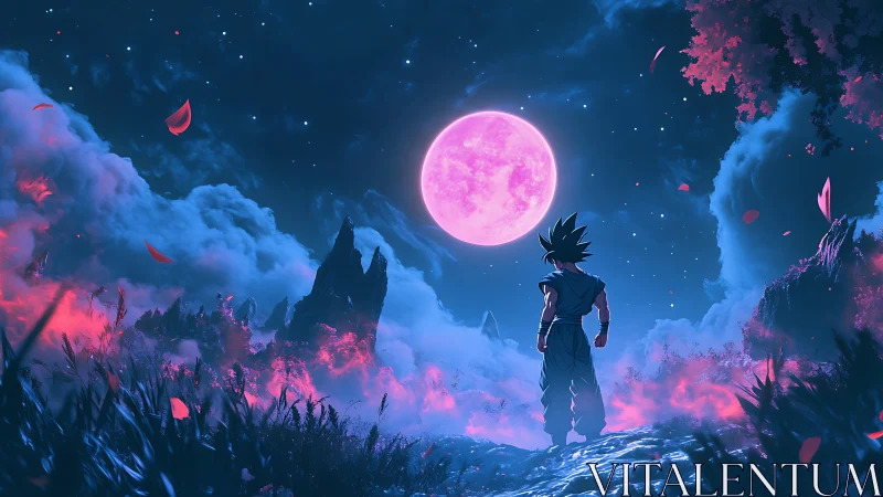 Anime nocturnal landscape with warrior under neon moon glow.