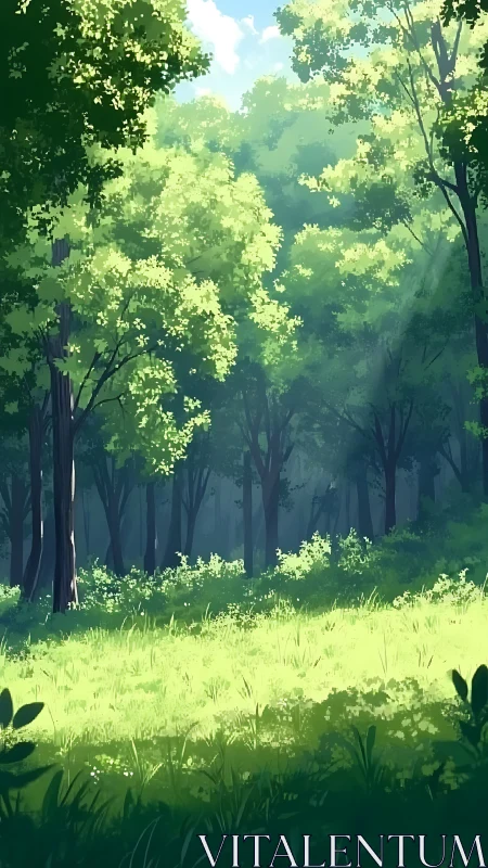 Forest Clearing with Sunlit Canopy and Grass Field