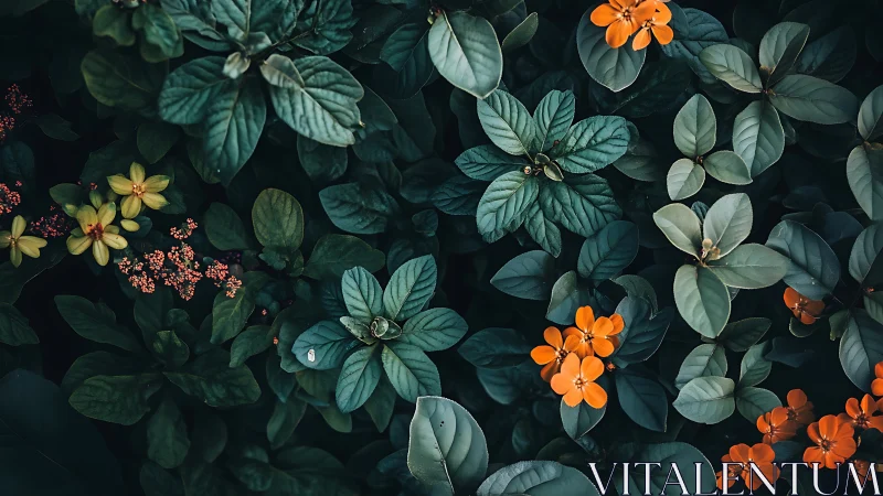 Overhead View of Green Foliage with Orange Flower Clusters