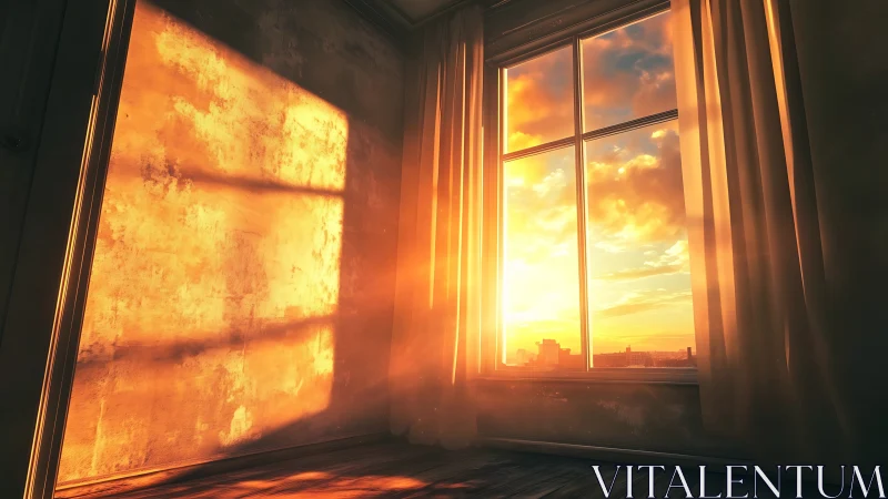 Golden sunrise pouring softly through a quiet city window.