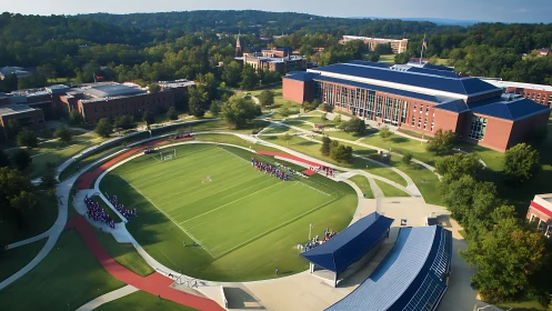 Aerial view of university sports field and campus buildings.