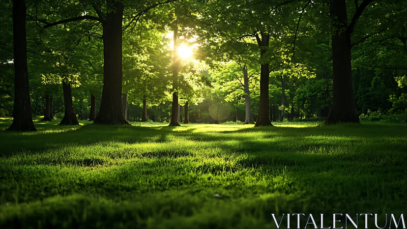 Gentle morning sun pours softly through a peaceful forest