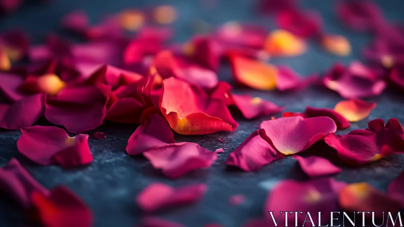 Vibrant Rose Petals on Dark Slate Surface with Warm Lighting