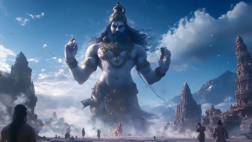 Colossal divine warrior towers above misty ancient temple city