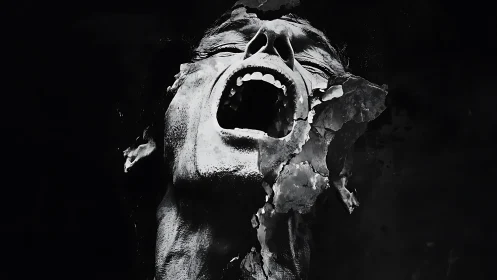 Surreal cracked scream portrait in stark monochrome darkness.