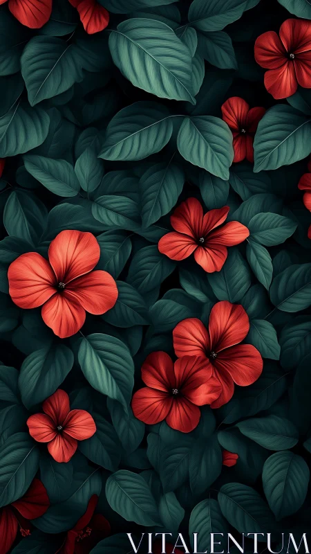 Red Flowers with Teal Foliage: Botanical Digital Illustration with Dramatic Contrast