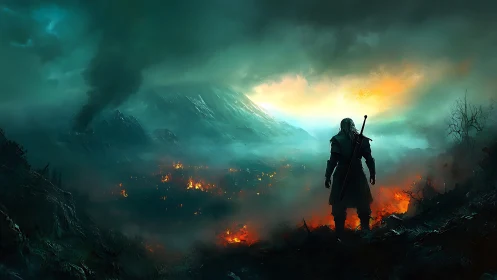 Lone warrior quietly watches a burning valley at sunrise