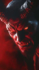 Demonic horned face in red smoke, intense glowing stare.