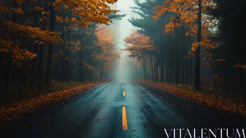Autumn's Wet Boulevard Through Golden Sentinels.