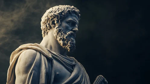 Dramatic side-lit marble philosopher statue in high contrast