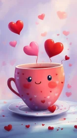 Stylized Cup with Heart Motifs and Floating Heart Shapes
