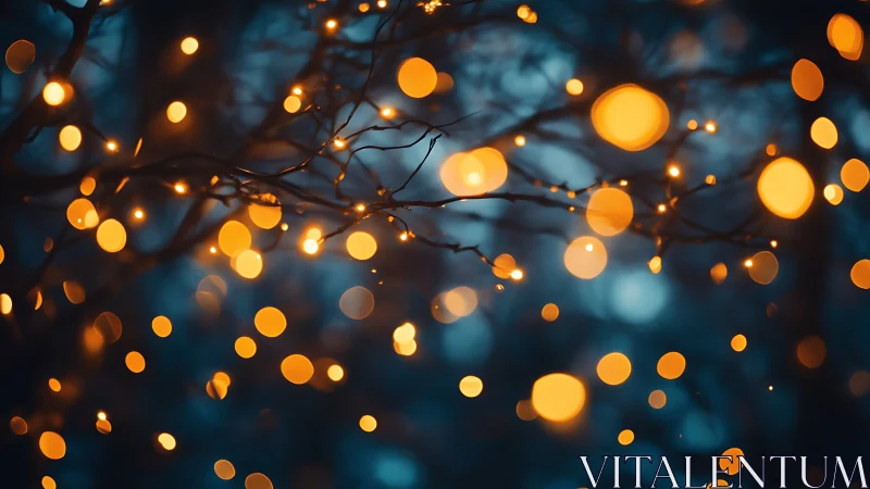 Forest twilight strings tiny suns across drifting branches