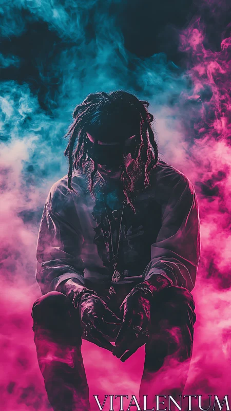 Seated figure in colored smoke with split cyan magenta light.