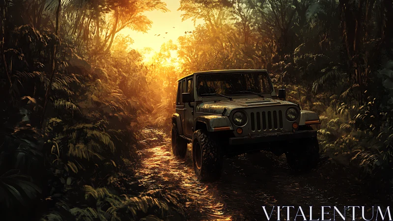 Off-road jeep enters dense jungle trail at golden sunset