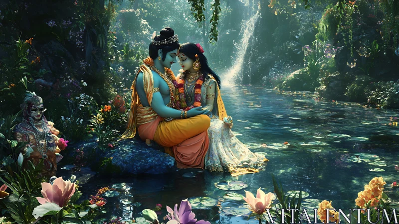 Divine lovers embraced beside luminous lotus waterfall pond.