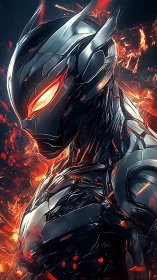 Metallic humanoid figure with illuminated eyes in embers.
