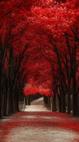 Linear tree tunnel with saturated crimson canopy perspective.