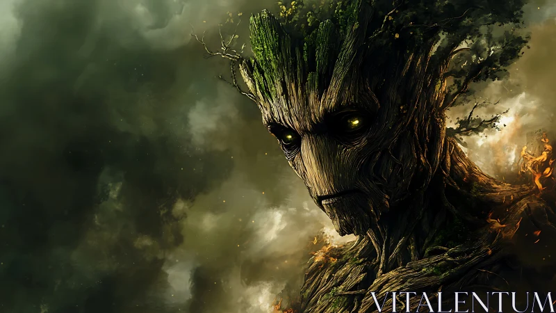 Ancient forest titan watches over a burning, stormlit world.