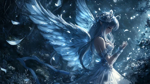Moonlit winged elf pauses as silver petals drift slowly