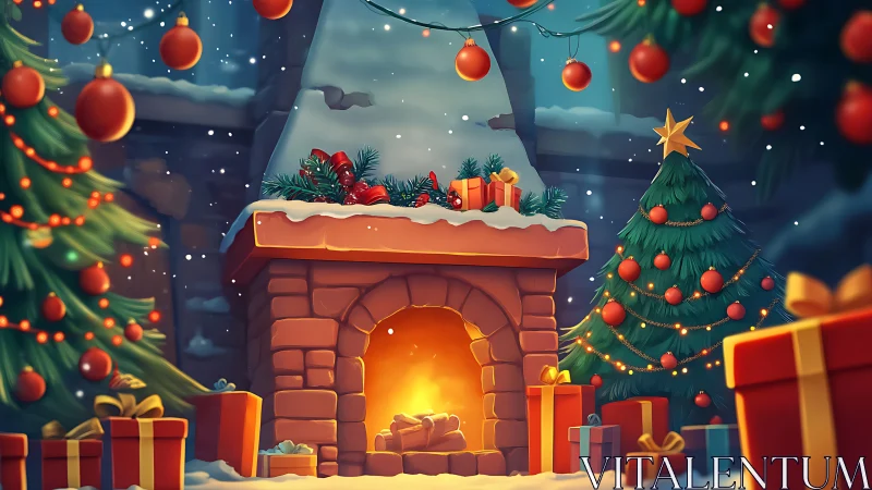 Cozy Christmas fireplace with decorated trees and gifts.