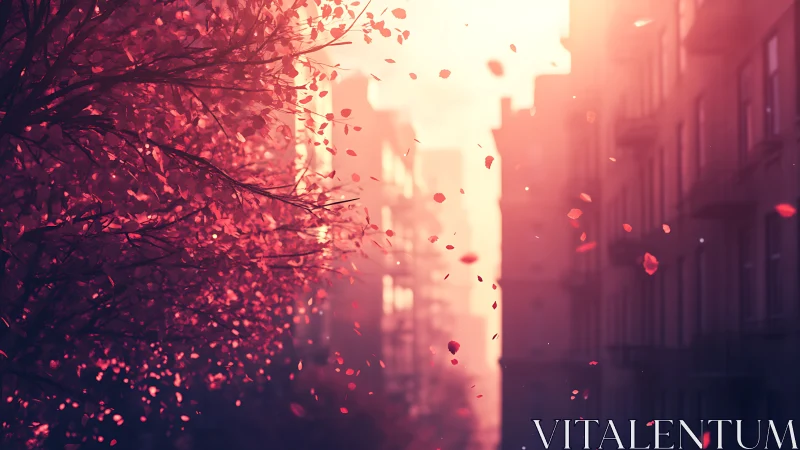 Sunlit city street glows behind drifting red leaves