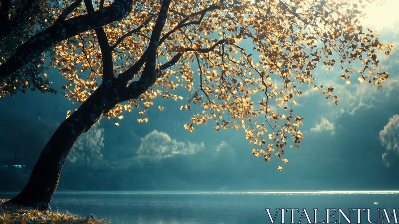Golden lakeside branches glowing in peaceful morning light.