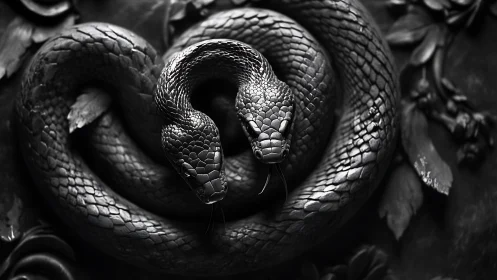 Coiled twin-headed serpent rendered in dark monochrome detail.