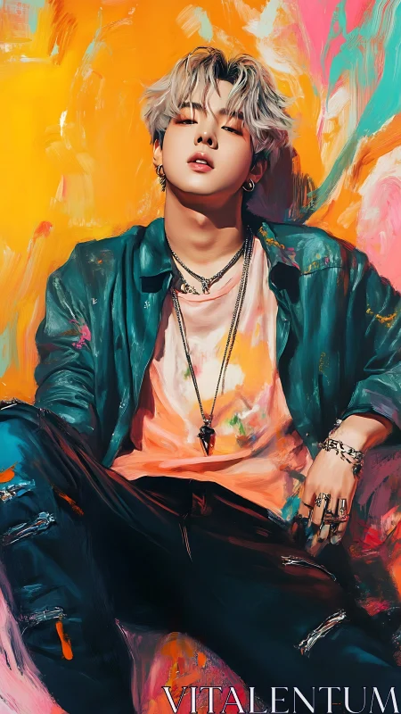 Neon rebel lounges in molten paint and electric swagger.