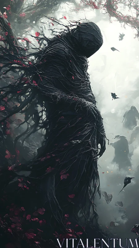 Shadowy forest wraith entwined with dark twisting roots.