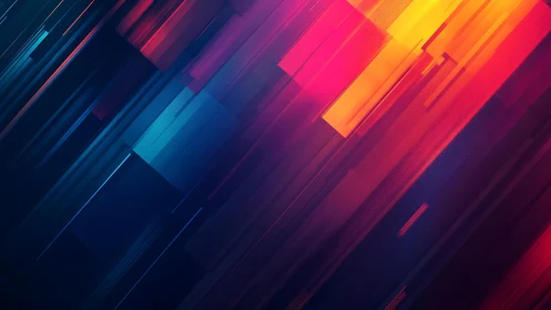 Vibrant geometric abstract with glowing neon streaks and rectangles.
