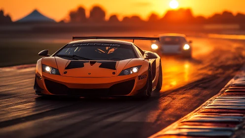 Orange race car cuts sunlit track under blazing sunset