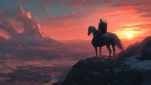 Twilight rider weighs destinies above an ember soaked valley