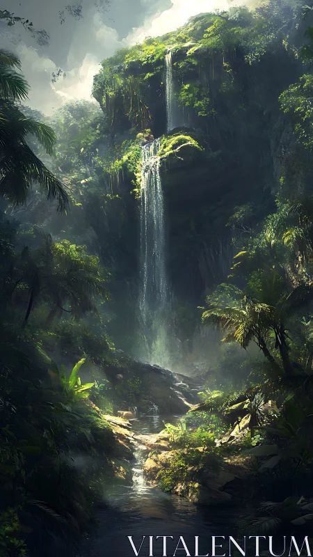 Hidden jungle waterfall sanctuary bathed in gentle sunlight.