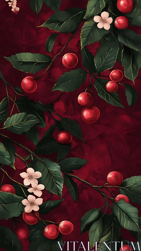 Botanical Cherries and Blossoms on Deep Crimson.