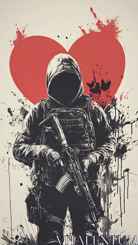 Hooded guardian with rifle before a splattered red heart.