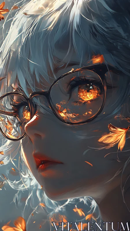 Girl with ember-lit eyes gazes through glowing autumn sparks.
