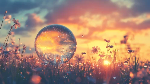 Crystal sphere in dewy wildflower meadow at vivid sunset