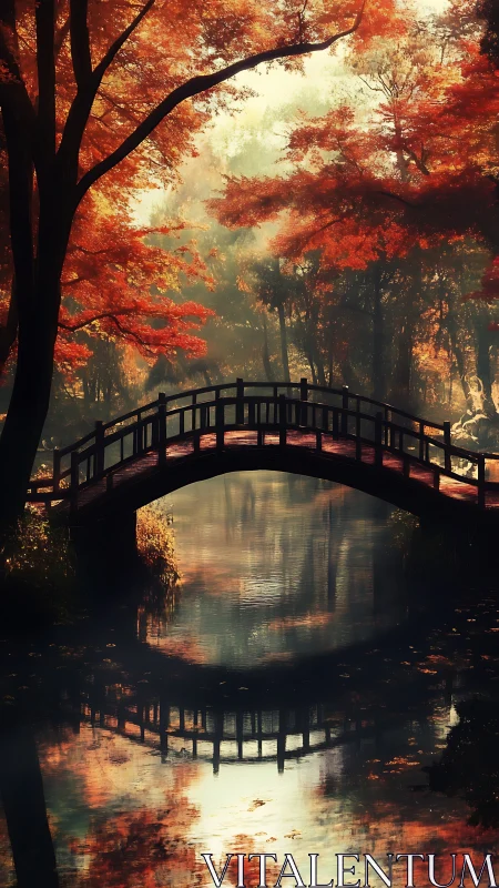 Wooden arch bridge over reflective stream in autumn forest.