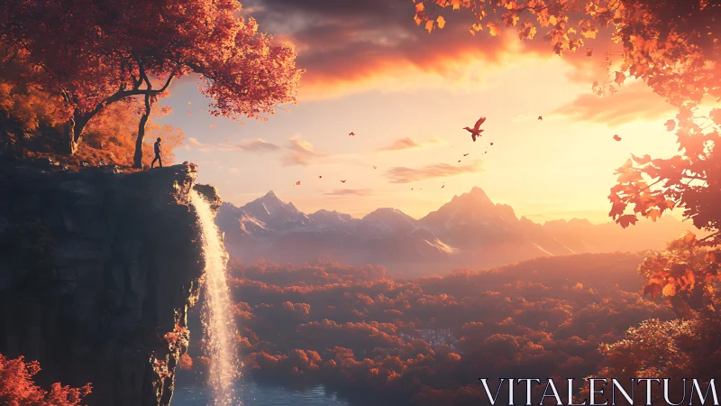 Crimson treetops crown a lone wanderer above a glowing fall